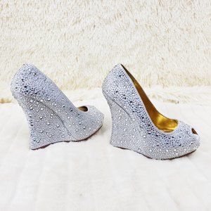 5" Wedge Heel Bling Rhinestone Peep Toe Pumps Shoe - Perfect for Weddings